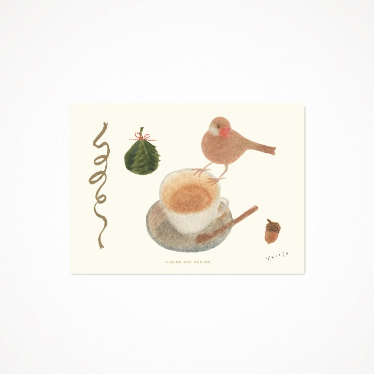 후긴앤무닌 드로잉 카드 (찻잔에 앉은 새)